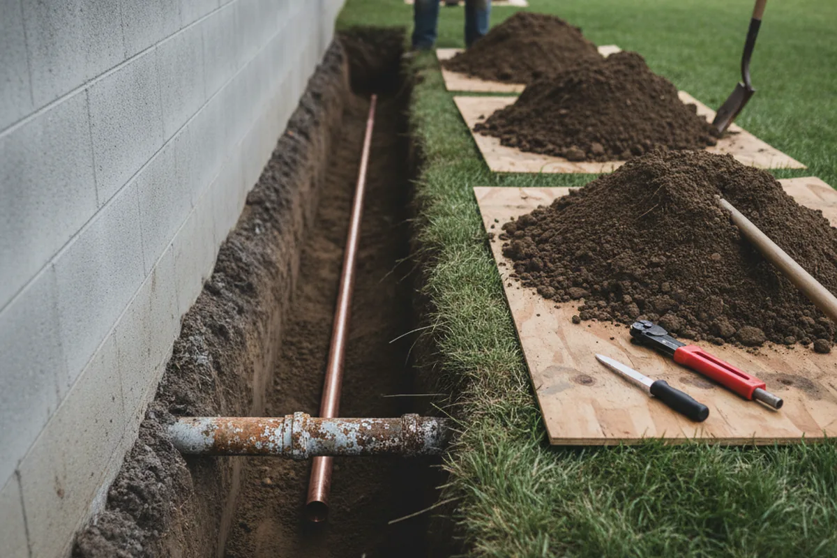 Excavated water line trench during Sewer Line Repair in Great Meadows